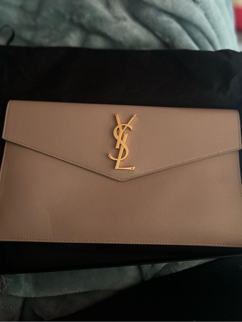 Saint Laurent Beige Envelope YSL Leather Clutch with Gold Logo - Picture 9 of 13